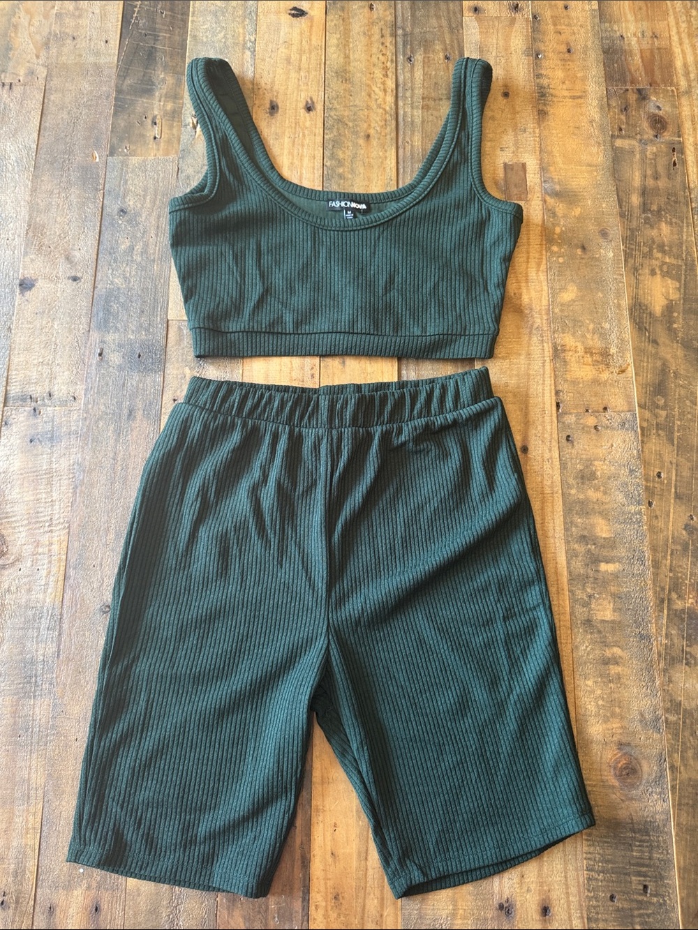 Ribbed Crop Tank & Biker Shorts Set - Forest Green with Matching Cardigan